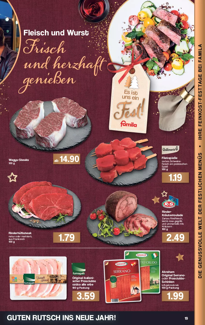 Aktueller Prospekt Famila - Prospekte - von 27.12 bis 31.12.2021 - strona 21 - produkty: eis, filet, filets, fleisch, gin, grill, hüftsteak, kräuter, kräutern, Mantel, natur, prosciutto, prosciutto cotto, rind, rinder, rindfleisch, schinken, schwein, schweine, schweinefleisch, serrano, steak, steaks, Ti, tisch, wein, weine, wurst