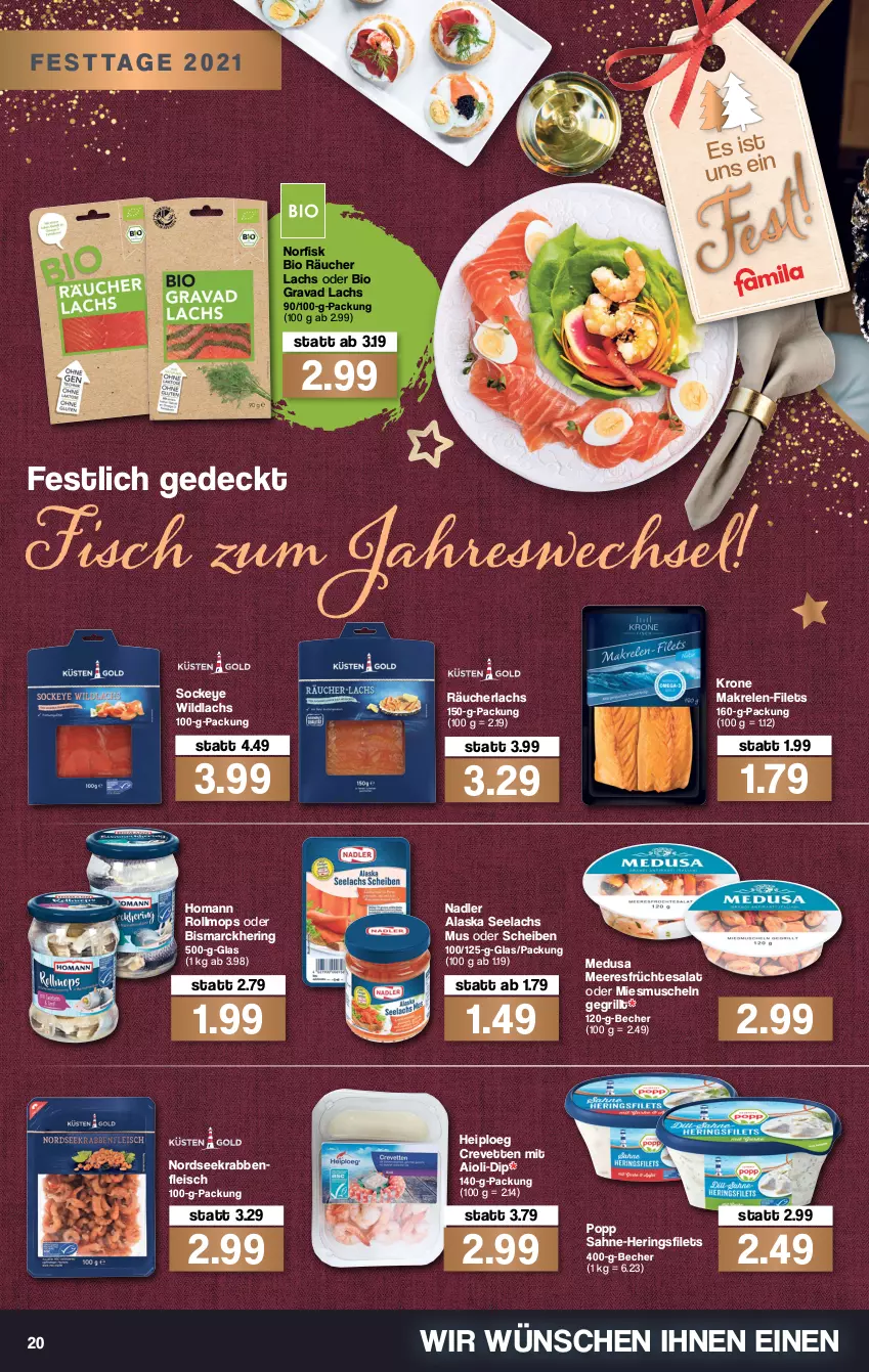 Aktueller Prospekt Famila - Prospekte - von 27.12 bis 31.12.2021 - strona 22 - produkty: aioli, Becher, bio, bismarck, dip, eis, filet, filets, fisch, fleisch, früchte, grill, hering, Herings, heringsfilets, homann, krone, lachs, Makrele, meeresfrüchte, Muscheln, nadler, Nordsee, Popp, Räucherlachs, rel, ring, sahne, salat, tesa, Ti, Wild, wildlachs