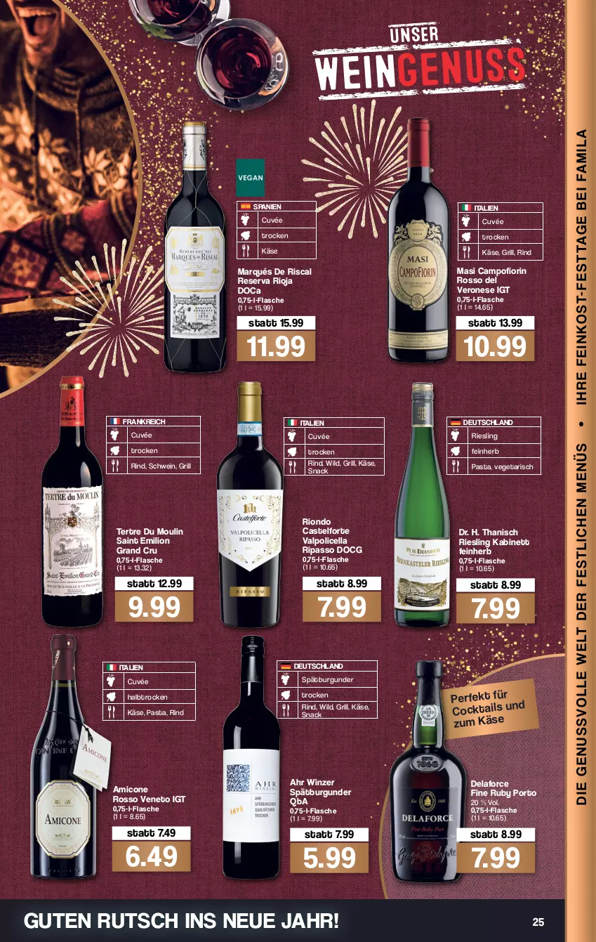 Aktueller Prospekt Famila - Prospekte - von 27.12 bis 31.12.2021 - strona 27 - produkty: burgunder, cuvée, flasche, grill, kabinett, Käse, lion, nuss, passo, pasta, riesling, rind, rioja, schwein, snack, spätburgunder, Valpolicella, Vegeta, wein, Wild