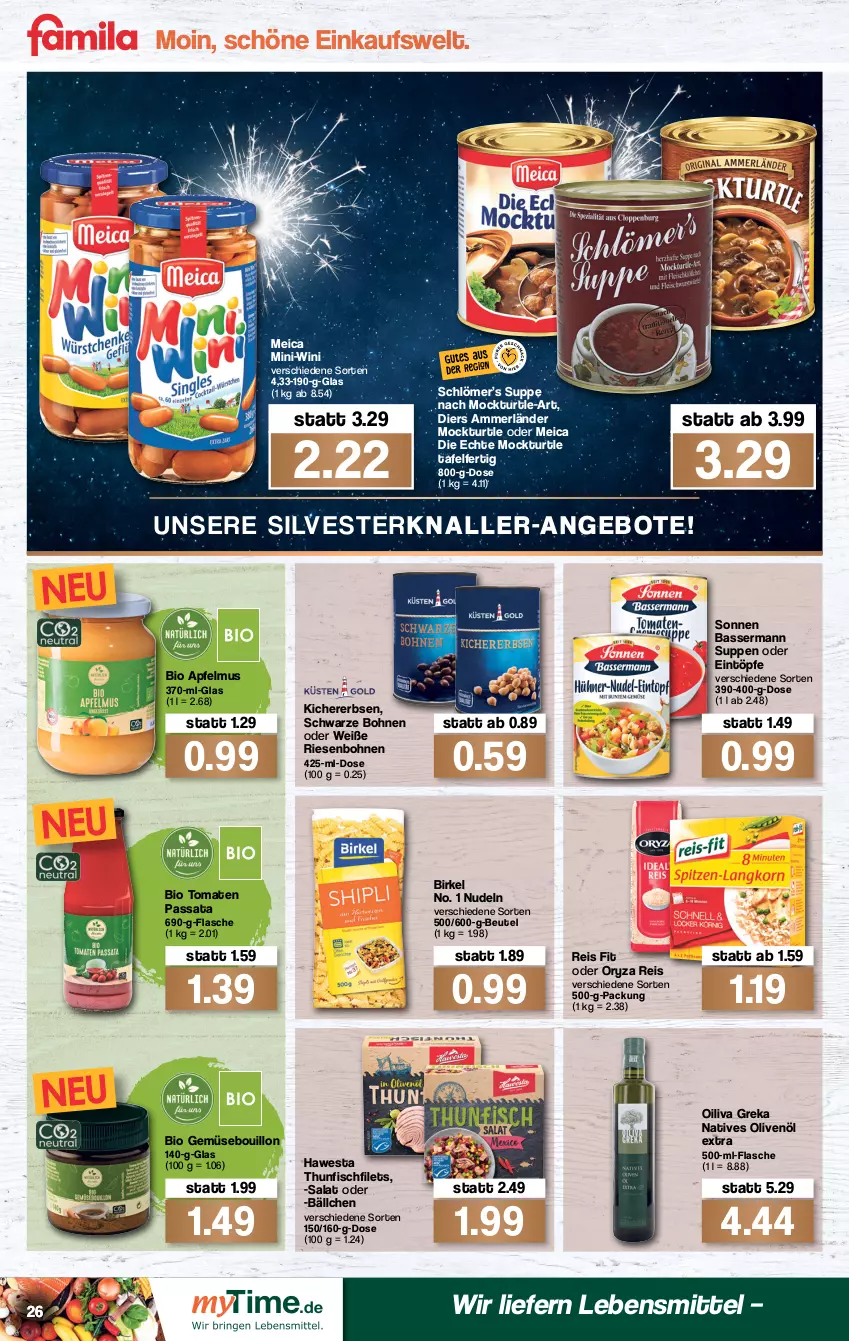 Aktueller Prospekt Famila - Prospekte - von 27.12 bis 31.12.2021 - strona 28 - produkty: ammerländer, angebot, angebote, apfel, apfelmus, beutel, bio, bio gemüse, birkel, bohne, bohnen, eintöpfe, eis, erbsen, filet, filets, fisch, flasche, hawesta, kichererbsen, lebensmittel, meica, merl, natives olivenöl, nudel, nudeln, olive, oliven, olivenöl, olivenöl extra, oryza, reis, salat, suppe, suppen, thunfisch, Ti, tomate, tomaten