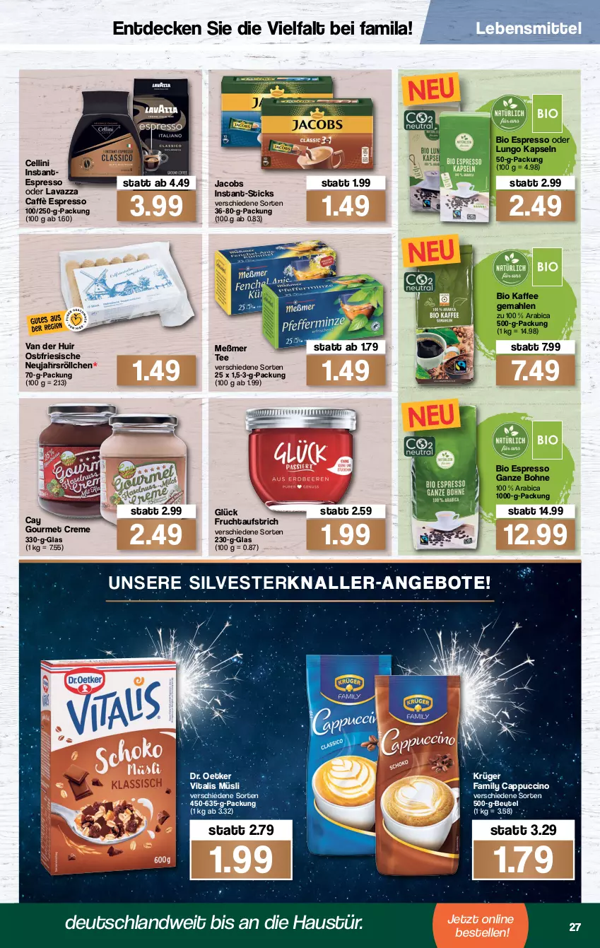 Aktueller Prospekt Famila - Prospekte - von 27.12 bis 31.12.2021 - strona 29 - produkty: angebot, angebote, aufstrich, aust, beutel, bio, bohne, Cap, cappuccino, cin, creme, decke, Dr. Oetker, elle, espresso, espresso oder, frucht, fruchtaufstrich, jacobs, kaffee, krüger, lavazza, lebensmittel, lungo, Meßmer, müsli, tee, Ti, vita, vitalis, vitalis müsli