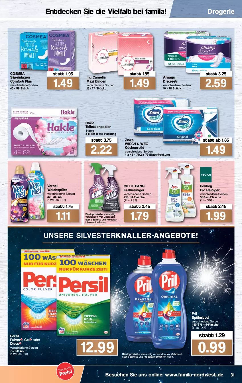 Aktueller Prospekt Famila - Prospekte - von 27.12 bis 31.12.2021 - strona 33 - produkty: Alwa, Always, angebot, angebote, binden, bio, biozidprodukte, camelia, Cillit, cillit bang, cosmea, decke, Discreet, flasche, hakle, hakle toilettenpapier, kraft, küche, Küchen, küchenrolle, papier, persil, pril, Rauch, reiniger, rwe, slip, slipeinlagen, spülmittel, Ti, toilettenpapier, vernel, weichspüler, zewa