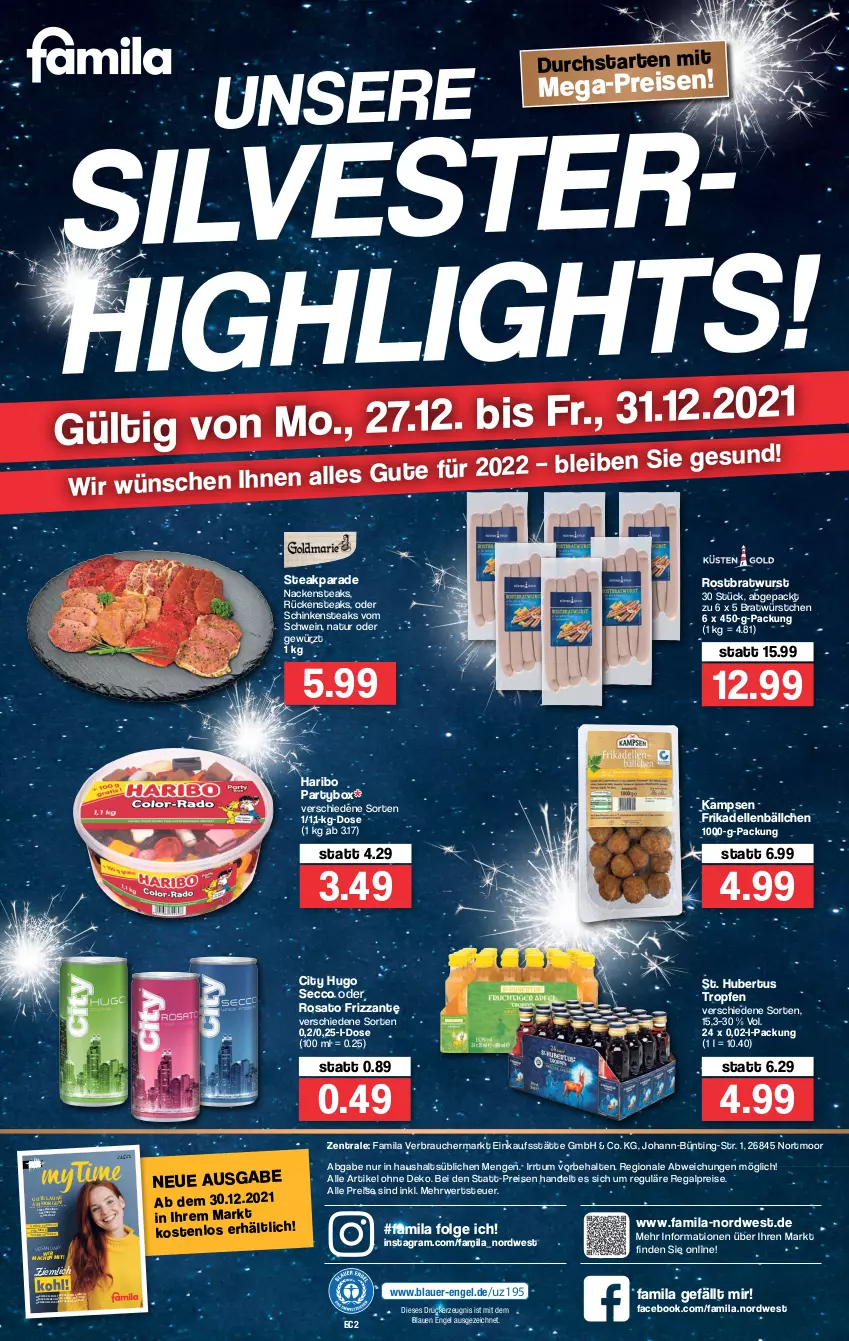 Aktueller Prospekt Famila - Prospekte - von 27.12 bis 31.12.2021 - strona 42 - produkty: auer, bratwurst, dell, drucker, ecco, eis, elle, Engel, frikadellen, frizzante, gewürz, haribo, hugo, kerze, LG, mac, Nackensteak, nackensteaks, natur, Rauch, regal, reis, rosato, rostbratwurst, Rückensteak, rückensteaks, rwe, sac, schinken, Schinkensteak, schwein, steak, steaks, Ti, wein, wurst, würstchen