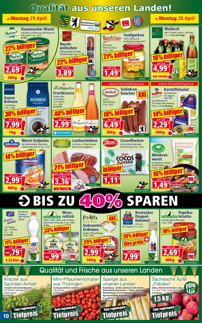 Aktueller Prospekt Norma - Norma - von 29.04 bis 06.05.2024 - strona 10 - produkty: apfel, Becher, beere, bohne, bohnen, bratwurst, brombeere, burger, cocos, ecco, eis, elle, erdnüsse, flasche, frucht, fruchtsecco, Garten, Gebrannte Erdnüsse, grana, granatapfel, gurke, gurken, Hausmacher, himbeer, himbeere, HP, joghur, joghurt, kartoffel, kartoffelsalat, knacker, kräuter, kühlregal, lachs, lachsschinken, leberwurst, Letscho, mac, mango, meerrettich, obst, paprika, petersilie, pfirsich, pflaume, pflaumen, pril, Rana, Rauch, regal, reis, Rettich, ring, Rostocker, Rotwurst, sac, sahne, salat, schinken, schnittlauch, schoko, schokolade, senf, spargel, Ti, tiefpreis, tomate, tomaten, topf, weck, wurst, würstchen, Zartbitterschokolade