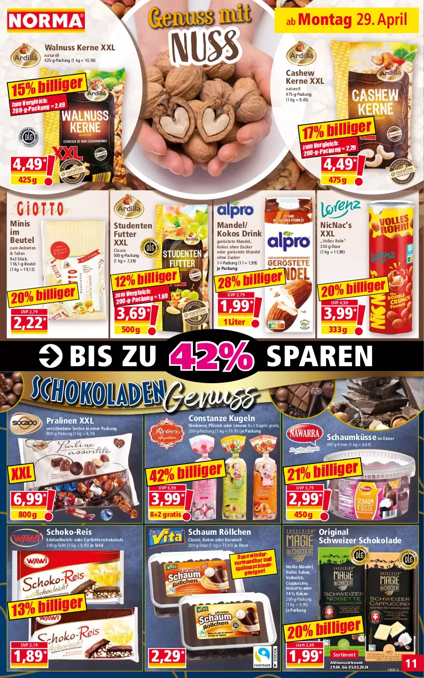 Aktueller Prospekt Norma - Norma - von 29.04 bis 06.05.2024 - strona 11 - produkty: beere, beutel, Cap, cappuccino, Cashew, cin, drink, eimer, eis, ente, gin, himbeer, himbeere, kakao, karamell, kokos, Kugel, limo, mandel, milch, natur, nuss, pfirsich, pralinen, pril, reis, rel, sahne, schoko, schokolade, schokoladen, Ti, vollmilch, walnuss, Walnuss Kerne, Zartbitterschokolade, zucker