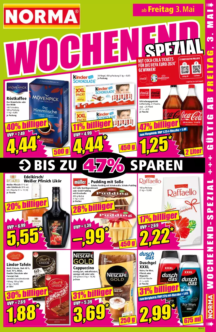 Aktueller Prospekt Norma - Norma - von 29.04 bis 06.05.2024 - strona 15 - produkty: Becher, Cap, cappuccino, caramel, cin, coca-cola, cola, duschgel, erfrischungsgetränk, flasche, getränk, kaffee, kirsch, latte, likör, lindor, mac, milch, pfirsich, pudding, riegel, röstkaffee, salz, schoko, Soße, Ti, vanille