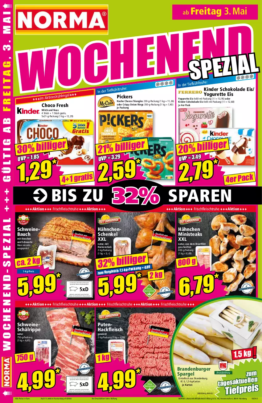 Aktueller Prospekt Norma - Norma - von 29.04 bis 06.05.2024 - strona 16 - produkty: Bau, brustfilet, burger, choco fresh, eis, filet, fleisch, gewürz, hackfleisch, hähnchenschenkel, henkel, Kinder, kinder schokolade, lebensmittel, milch, nacho, nacho cheese, natur, nuss, pute, Putenhackfleisch, reis, Ria, ring, schenkel, schnitten, schoko, schokolade, schwein, schweine, Schweinebauch, spargel, steak, steaks, Ti, tiefpreis, wein, weine, Yo, yogurette