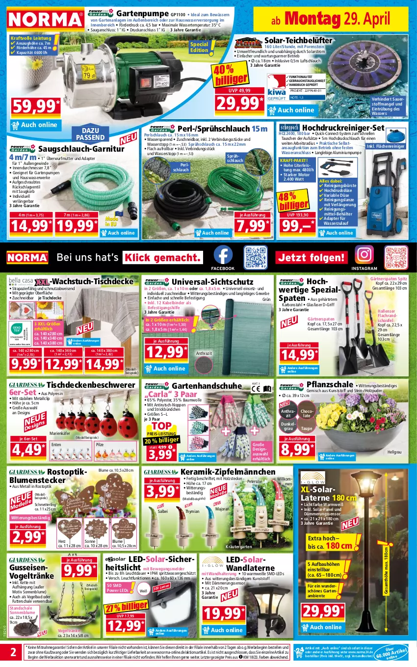 Aktueller Prospekt Norma - Norma - von 29.04 bis 06.05.2024 - strona 2 - produkty: adapter, arla, auer, Bad, Bau, baumwolle, Bebe, Behälter, blume, blumen, bürste, cola, decke, dell, eis, elle, ente, garnitur, Garten, Gartenpumpe, gin, handschuhe, hochdruckreiniger, Holz, käfer, Kette, korb, kraft, kräuter, laterne, leds, LG, messer, Mett, Mode, ndk, petersilie, pilze, pril, reiniger, Reinigung, reinigungsbürste, reis, Ria, rwe, Schal, Schale, schlauch, Schmetterling, schuhe, sonnenblume, Spaten, Spezi, Spiele, Ti, tisch, tischdecke, tuc, wachstuch, wandhalterung, wasser, wolle, ZTE