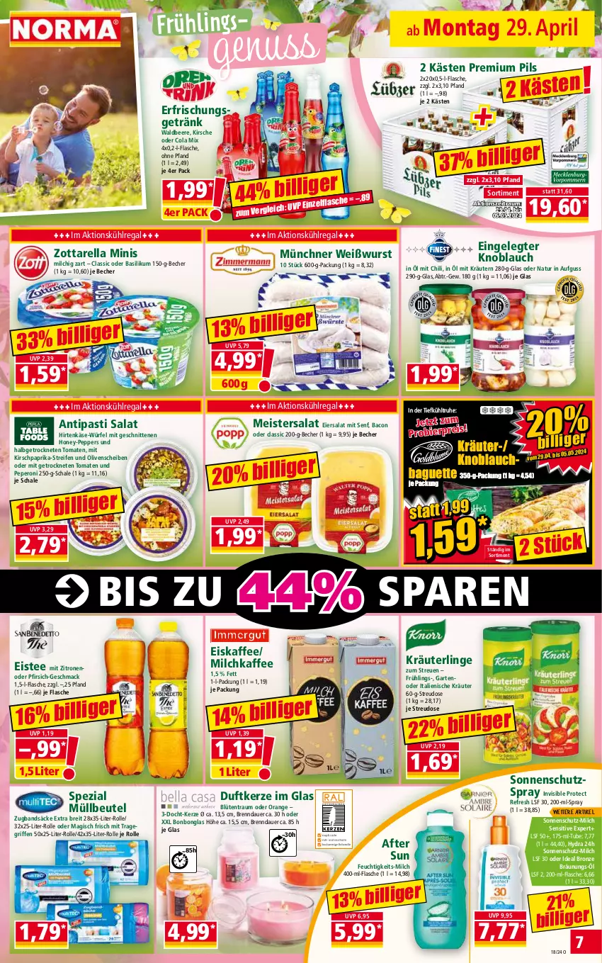 Aktueller Prospekt Norma - Norma - von 29.04 bis 06.05.2024 - strona 7 - produkty: after sun, antipasti, asti, auer, bacon, baguette, basilikum, Becher, beere, beutel, bier, Blüte, Bonbonglas, Brei, chili, cola, Duftkerze, eier, eiersalat, eis, eiskaffee, eistee, erfrischungsgetränk, flasche, Garten, getränk, hirtenkäse, HP, kaffee, Käse, kerze, kirsch, kirsche, knoblauch, kräuter, kräutern, kühlregal, mac, Meister, milch, müllbeutel, natur, nuss, olive, oliven, orange, paprika, peperoni, Peroni, pfirsich, pils, premium pils, pril, regal, reifen, reis, rel, salat, Schal, Schale, schnitten, senf, sonnenschutz, Spezi, tee, Ti, tomate, tomaten, tragegriff, Weißwurst, würfel, wurst, zitrone, zitronen, zott, zottarella, zottarella minis