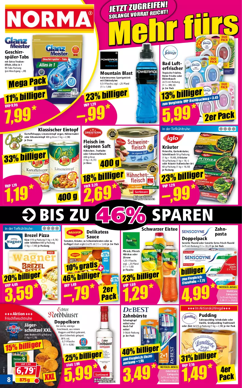 Aktueller Prospekt Norma - Norma - von 29.04 bis 06.05.2024 - strona 8 - produkty: Bad, Blüte, braten, brezel, bürste, delikatess sauce, doppelkorn, eintopf, eis, eistee, Elektro, erbsen, flasche, fleisch, früchte, Garten, Geflügel, geschirr, geschirrspüler, getränk, gin, Grießpudding, Holz, hühner, kartoffel, Kartoffelsuppe, Käse, korn, kräuter, kühlregal, linsen, lufterfrischer, mac, malz, nudel, oder kräuter, Odol, odol med, pasta, petersilie, pfirsich, pizza, pudding, regal, saft, sahne, sauce, schinken, schnittlauch, schnitzel, schoko, schokolade, schwein, schweine, schweinebraten, schweinefleisch, Sport, suppe, tee, Ti, tomate, tomaten, topf, truthahn, vanille, wein, weine, zahnbürste, zahnpasta, Zelt, zitrone