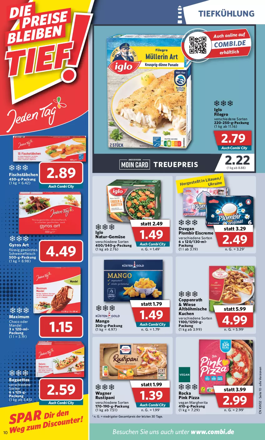 Aktueller Prospekt Combi - Prospekte - von 08.08 bis 13.08.2022 - strona 10 - produkty: baguette, baguettes, coppenrath, creme, dovgan, eis, eiscreme, filegro, fisch, fischstäbchen, fleisch, gewürz, gyros, iglo, kuchen, mandel, mango, margherita, natur, pizza, reis, rustipani, schwein, schweine, schweinefleisch, Ti, wagner, wein, weine, ZTE