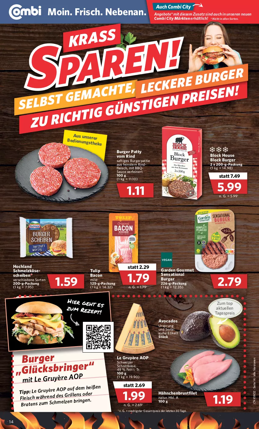 Aktueller Prospekt Combi - Prospekte - von 08.08 bis 13.08.2022 - strona 14 - produkty: angebot, angebote, avocado, avocados, bacon, braten, brustfilet, burger, eier, eis, elle, filet, fleisch, garden gourmet, grill, hähnchenbrust, hähnchenbrustfilet, hochland, Käse, käsescheiben, natur, reis, rind, rindfleisch, ring, saft, sauce, Schmelzkäse, schnittkäse, schweizer schnittkäse, Ti, tulip, ZTE