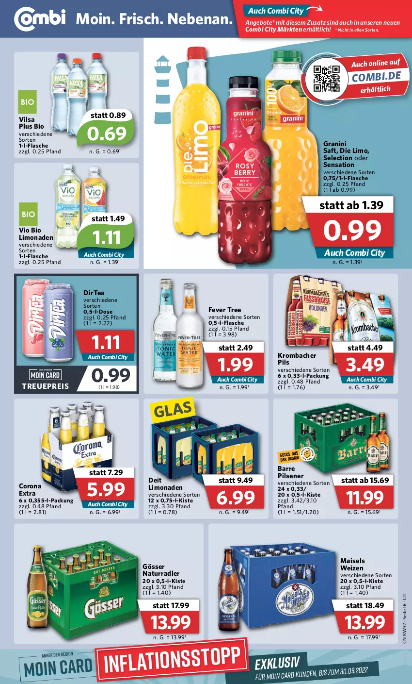 Aktueller Prospekt Combi - Prospekte - von 08.08 bis 13.08.2022 - strona 16 - produkty: angebot, angebote, bio, bio limo, corona, corona extra, deit, eis, flasche, gösser, granini, krombache, krombacher, krombacher pils, limo, limonade, limonaden, mais, natur, pils, pilsener, radler, reis, saft, Ti, vilsa, vio bio limo