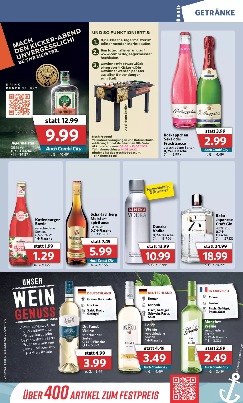 Aktueller Prospekt Combi - Prospekte - von 08.08 bis 13.08.2022 - strona 17 - produkty: aeg, arla, auer, aust, binden, bowle, burger, burgunder, cuvée, drink, ecco, eis, erde, fisch, flasche, frucht, fruchtsecco, Geflügel, Germ, getränk, getränke, gin, grauer burgunder, jägermeister, katlenburger, Meister, pasta, reis, rotkäppchen, salat, schwein, sekt, Ti, vodka, wein, weine