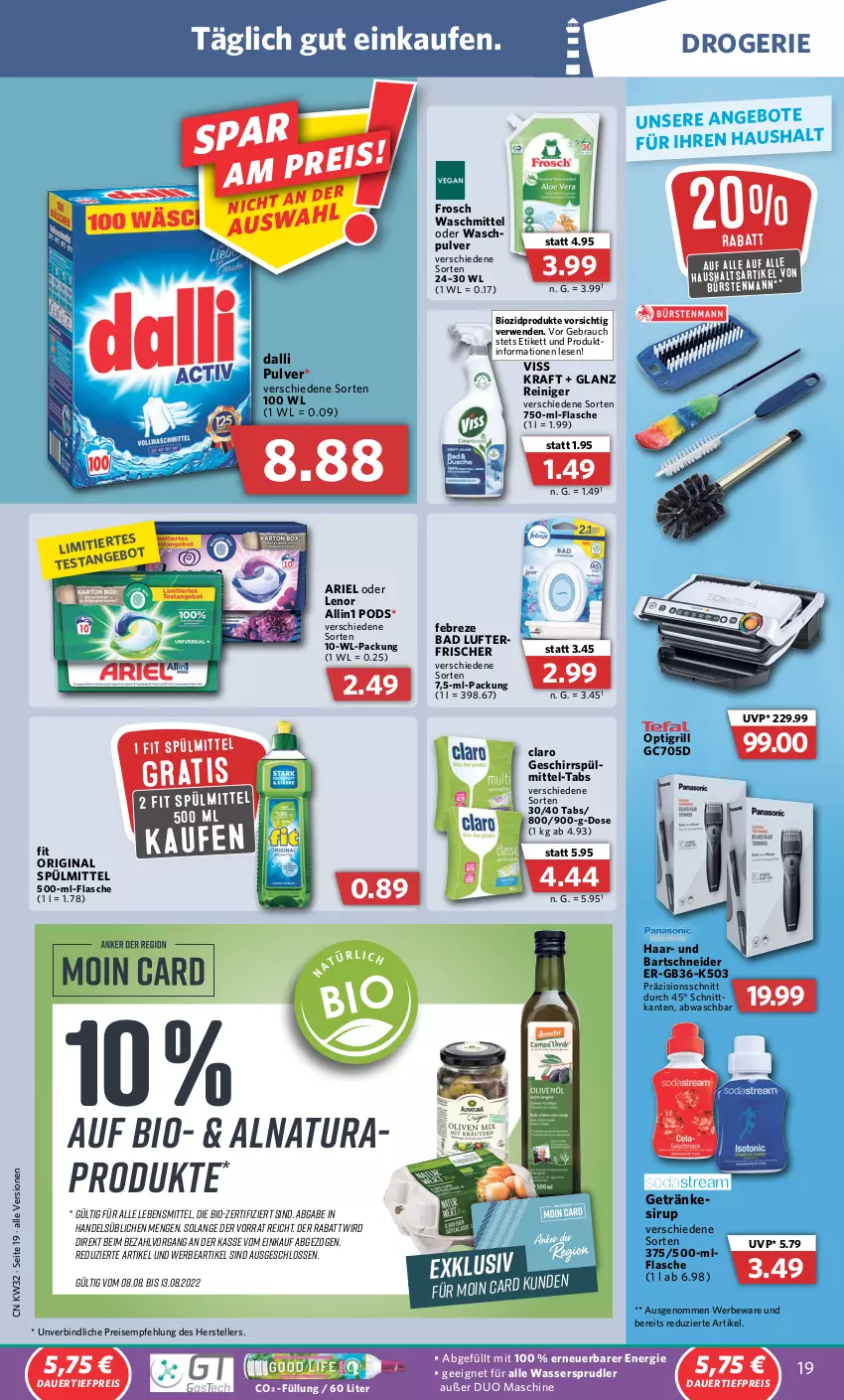 Aktueller Prospekt Combi - Prospekte - von 08.08 bis 13.08.2022 - strona 19 - produkty: angebot, angebote, ariel, auer, Bad, bartschneider, bio, biozidprodukte, dalli, dauertiefpreis, eis, elle, febreze, flasche, Frosch, geschirr, getränk, getränke, gin, grill, HP, kraft, lebensmittel, lenor, lufterfrischer, natur, natura, Pods, Rauch, reiniger, reis, rwe, sirup, spülmittel, teller, Ti, tiefpreis, waschmittel, Waschpulver, wasser, wassersprudler