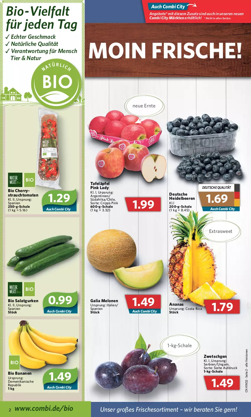 Aktueller Prospekt Combi - Prospekte - von 08.08 bis 13.08.2022 - strona 2 - produkty: ananas, angebot, angebote, banane, bananen, beere, beeren, bio, galia melonen, gurke, gurken, heidelbeere, heidelbeeren, mac, melone, melonen, natur, Pink Lady, Rauch, salat, Salatgurke, salatgurken, Schal, Schale, strauchtomaten, tafeläpfel, Ti, tomate, tomaten