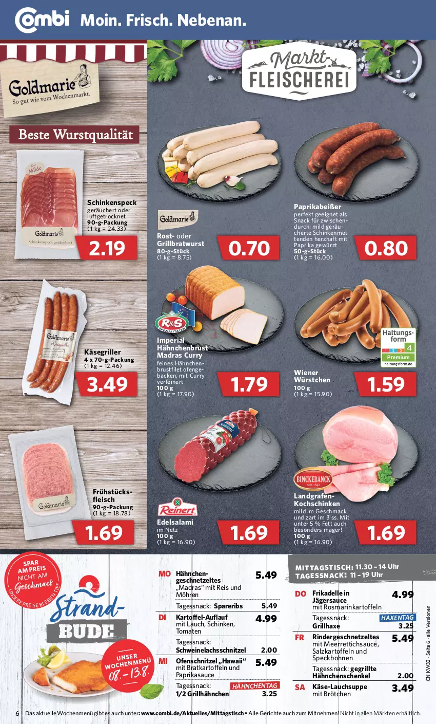 Aktueller Prospekt Combi - Prospekte - von 08.08 bis 13.08.2022 - strona 6 - produkty: axe, bohne, bohnen, bratwurst, brötchen, brustfilet, curry, dell, Edelsalami, eis, elle, filet, fleisch, geback, geschnetzeltes, gewürz, grill, grillbratwurst, grillhähnchen, grillhaxe, hähnchenbrust, hähnchenbrustfilet, hähnchenschenkel, Haxe, henkel, kartoffel, kartoffeln, Käse, kochschinken, lachs, mac, meerrettich, Mett, metten, Mettenden, mit paprika, möhren, Ofen, paprika, reis, Rettich, Ria, rind, rinder, rosmarin, salami, salz, sauce, schenkel, schinken, schinkenspeck, schnitzel, schwein, schweine, Schweinelachs, snack, spareribs, Speck, suppe, Ti, tisch, tomate, tomaten, uhr, wein, weine, wiener, wiener würstchen, wurst, würstchen, Zelt