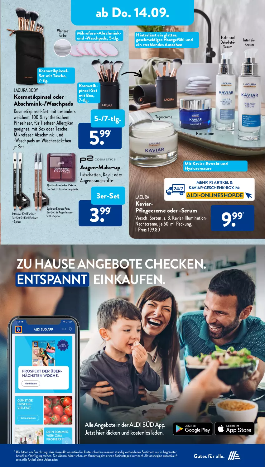 Aktueller Prospekt AldiSud - NÄCHSTE WOCHE - von 11.09 bis 16.09.2023 - strona 23 - produkty: aldi, alle artikel ohne dekoration, angebot, angebote, body, creme, dekoration, eis, Eyeliner, gin, HP, hyaluron, kosmetik, latte, LG, Make-up, mikrofaser, nachtcreme, Palette, Pflegecreme, Pinsel, Pinselset, reis, rum, Serum, stifte, tagescreme, Tasche, Ti, tisch, ZTE