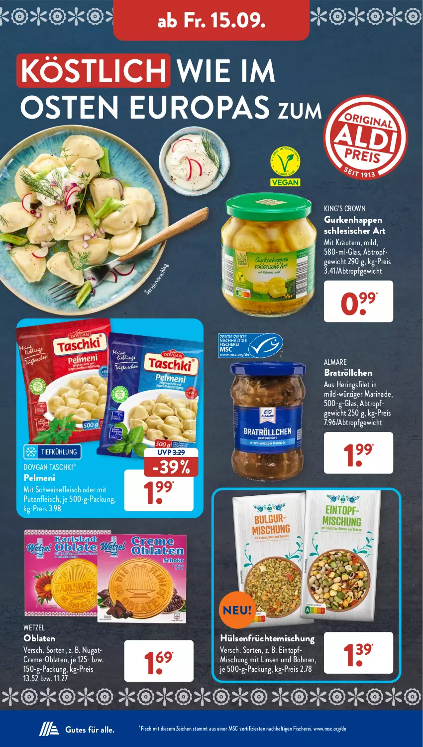 Aktueller Prospekt AldiSud - NÄCHSTE WOCHE - von 11.09 bis 16.09.2023 - strona 33 - produkty: almare, bohne, bohnen, creme, dovgan, eintopf, eis, filet, fisch, fische, Fischer, fleisch, früchte, gurke, gurken, hering, Herings, hülsenfrüchte, kräuter, kräutern, linsen, marinade, Oblaten, pelmeni, pute, Putenfleisch, reis, ring, Schere, schwein, schweine, schweinefleisch, senf, taschki, Ti, topf, wein, weine