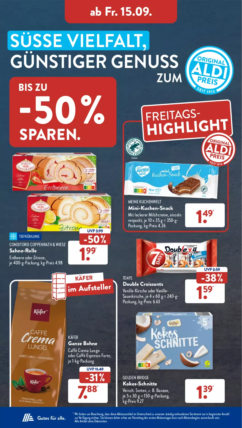 Aktueller Prospekt AldiSud - NÄCHSTE WOCHE - von 11.09 bis 16.09.2023 - strona 35 - produkty: alle artikel ohne dekoration, auer, banane, beere, bohne, caffè crema, coppenrath, creme, Croissant, croissants, dekoration, eis, elle, erdbeere, espresso, gin, käfer, kirsch, kirsche, kokos, kuchen, lungo, milch, nuss, reis, sahne, snack, teller, Ti, vanille, zitrone, ZTE