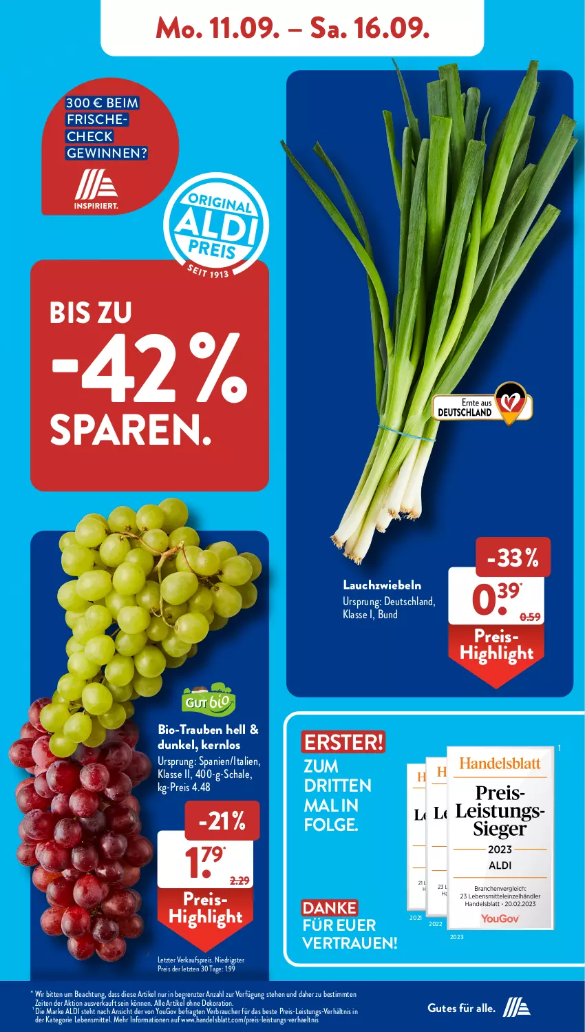 Aktueller Prospekt AldiSud - NÄCHSTE WOCHE - von 11.09 bis 16.09.2023 - strona 5 - produkty: aldi, alle artikel ohne dekoration, bio, dekoration, eis, Lauchzwiebel, lauchzwiebeln, lebensmittel, LG, Rauch, reis, Schal, Schale, Ti, trauben, Yo, ZTE, zwiebel, zwiebeln