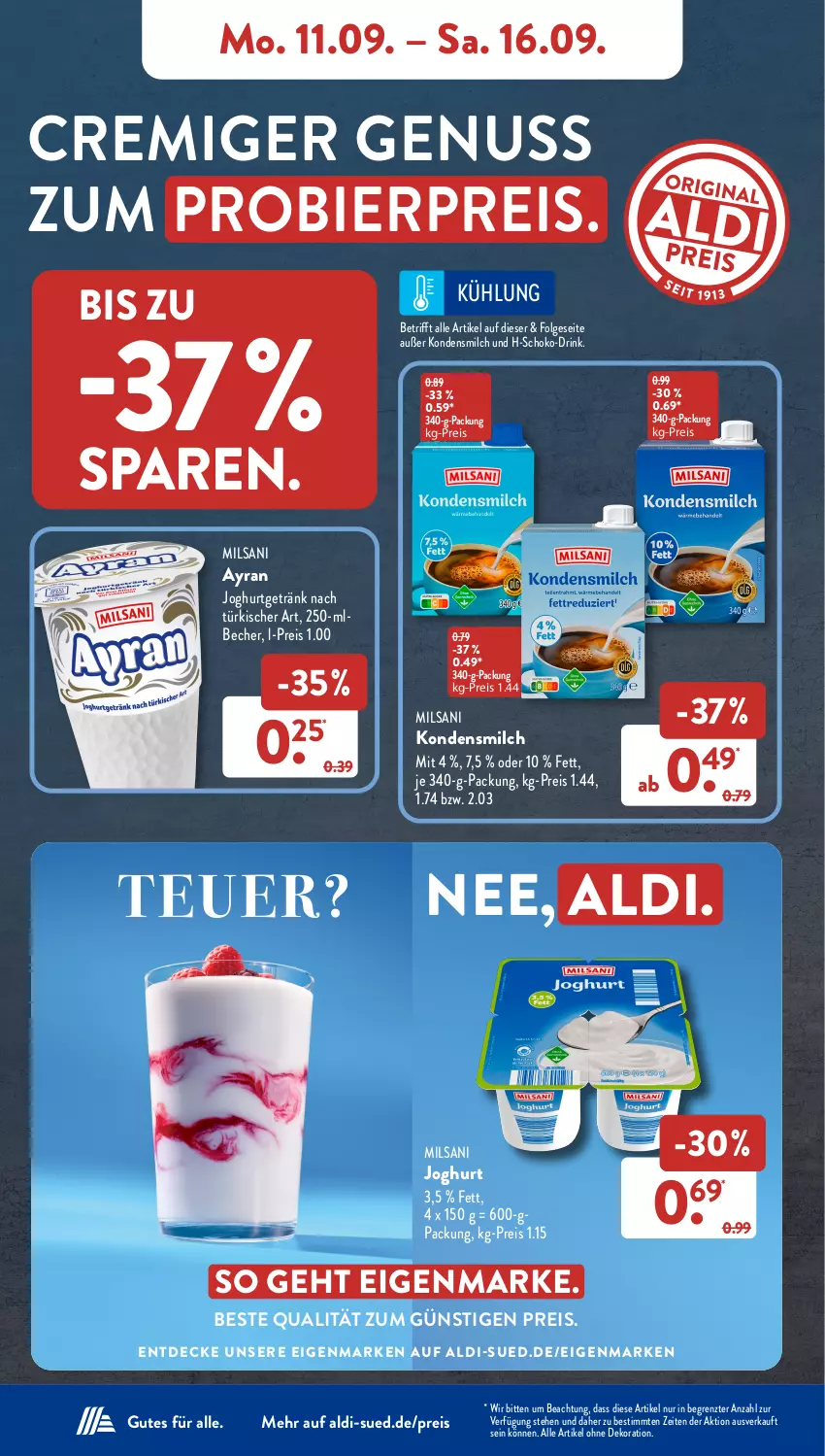 Aktueller Prospekt AldiSud - NÄCHSTE WOCHE - von 11.09 bis 16.09.2023 - strona 8 - produkty: aldi, alle artikel ohne dekoration, Ayran, Becher, bier, decke, dekoration, drink, eis, getränk, joghur, joghurt, kondensmilch, LG, milch, nuss, reis, schoko, Ti, ZTE