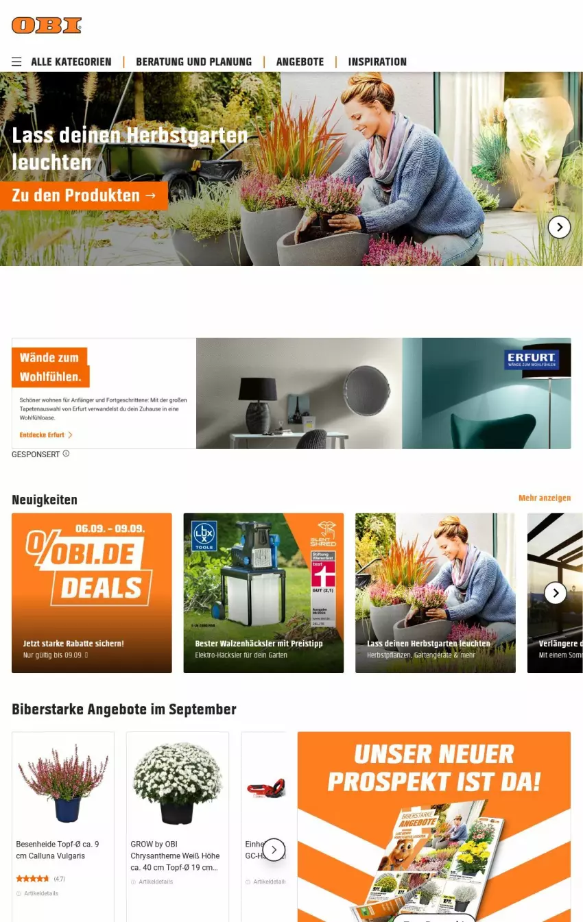 Aktueller Prospekt Obi - Prospekte - von 10.09 bis 18.09.2024 - strona 1 - produkty: angebot, angebote, Garten, LG, Tapete, Tapeten, tee, Ti, topf