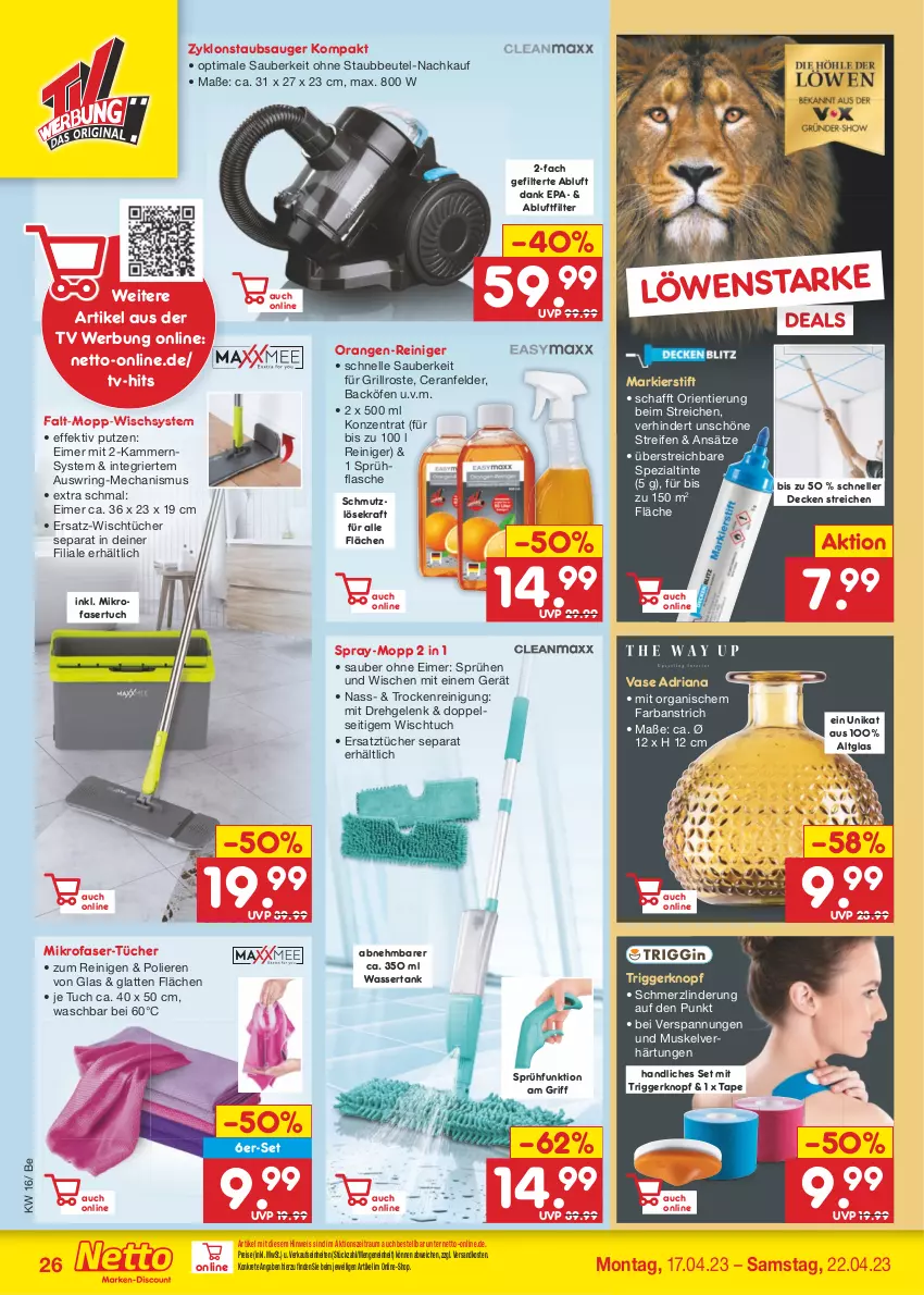 Aktueller Prospekt Netto Marken-Discount - Filial-Angebote - von 17.04 bis 22.04.2023 - strona 26 - produkty: beutel, decke, eimer, eis, elle, flasche, grill, grillrost, kraft, latte, mikrofaser, ndk, orange, orangen, reifen, reiniger, Reinigung, reis, Ria, ring, Spezi, sprühflasche, staubbeutel, staubsauger, Ti, tuc, tücher, Vase, wasser, wassertank