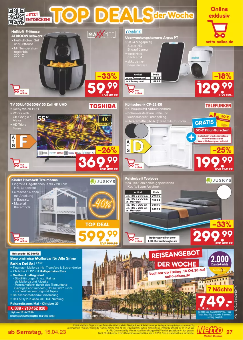 Aktueller Prospekt Netto Marken-Discount - Filial-Angebote - von 17.04 bis 22.04.2023 - strona 27 - produkty: abtauautomatik, akku, alexa, angebot, angebote, auto, Bau, beleuchtung, bett, buch, decke, eis, fritteuse, grill, gutschein, hd triple tuner, hochbett, Holz, kamera, Kinder, kühlschrank, latte, lattenrost, led-beleuchtung, LG, Liege, matratze, Ofen, polsterbett, rama, reis, reiseveranstalter, Ria, Schrank, Tapas, Ti, tuner, uhd, uhr, wein, ZTE