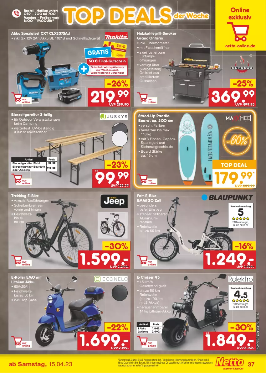 Aktueller Prospekt Netto Marken-Discount - Filial-Angebote - von 17.04 bis 22.04.2023 - strona 37 - produkty: akku, Amber, angebot, bier, Bierzeltgarnitur, E-Bike, E-Roller, eis, emmi, flasche, flaschenöffner, garnitur, grill, grillrost, gutschein, Holz, holzkohle, holzkohlegrill, Kohlegrill, ladegerät, reis, Roller, schnellladegerät, Spezi, Stier, telefon, thermometer, Ti, uhr, Zelt, ZTE