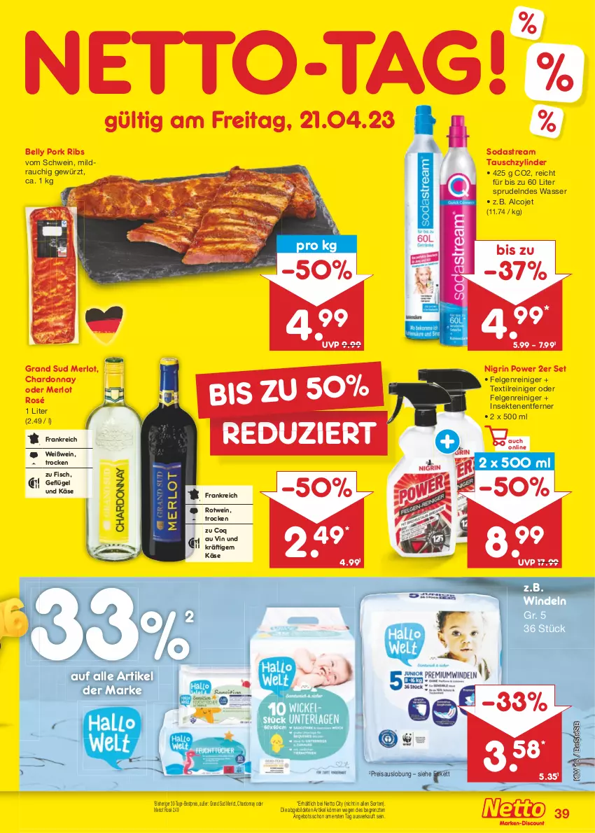 Aktueller Prospekt Netto Marken-Discount - Filial-Angebote - von 17.04 bis 22.04.2023 - strona 39 - produkty: angebot, bestpreis, chardonnay, eis, felgen, Felgenreiniger, fisch, Geflügel, gewürz, grand sud, Käse, LG, merl, merlot, Nigrin, Rauch, reiniger, reis, rotwein, schwein, sekt, Soda, sodastream, Sprudel, Ti, wasser, wein, Weißwein, windeln, ZTE