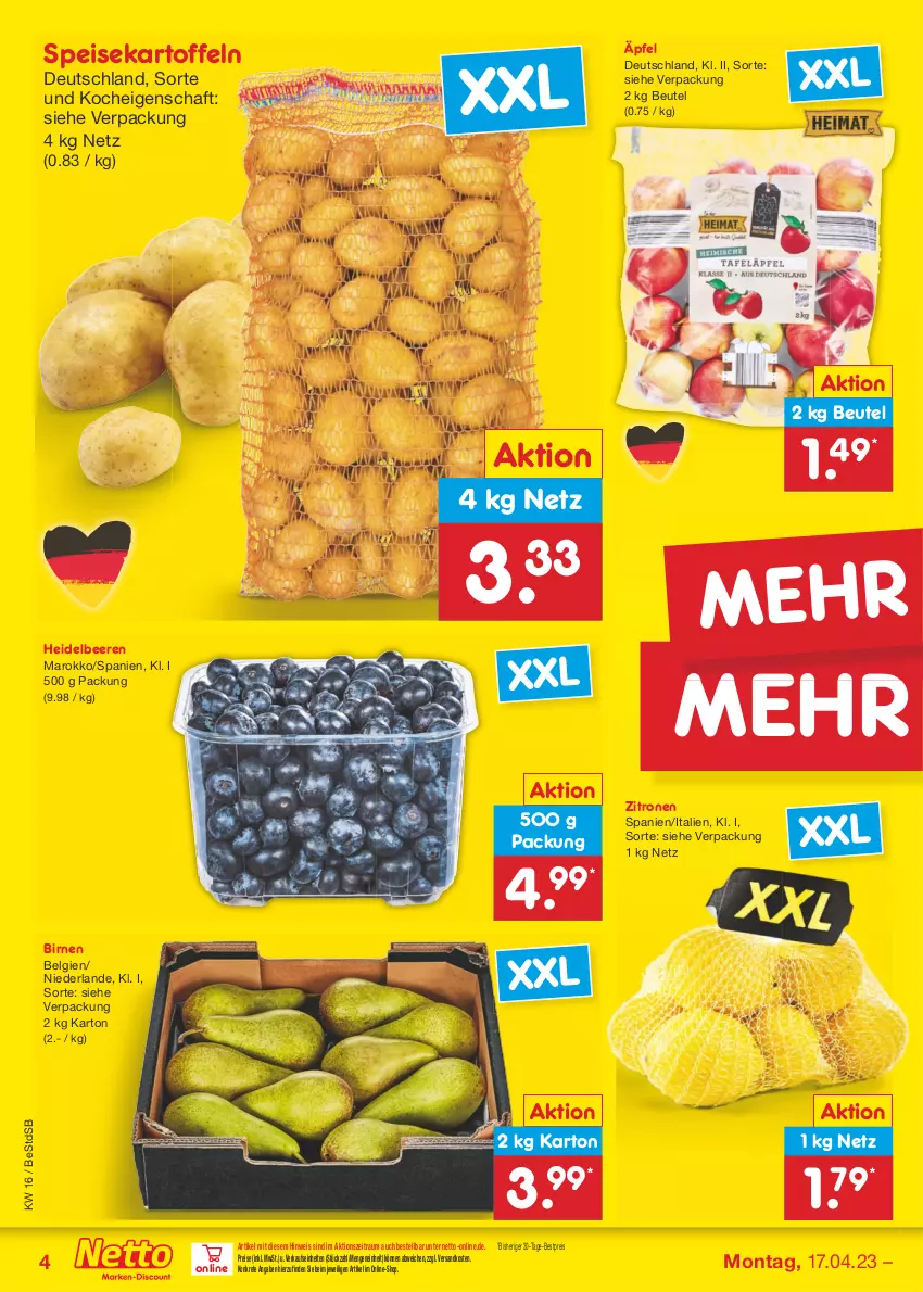 Aktueller Prospekt Netto Marken-Discount - Filial-Angebote - von 17.04 bis 22.04.2023 - strona 4 - produkty: beere, beeren, bestpreis, beutel, Birnen, eis, heidelbeere, heidelbeeren, kartoffel, kartoffeln, LG, ndk, reis, speisekartoffeln, Ti, zitrone, zitronen