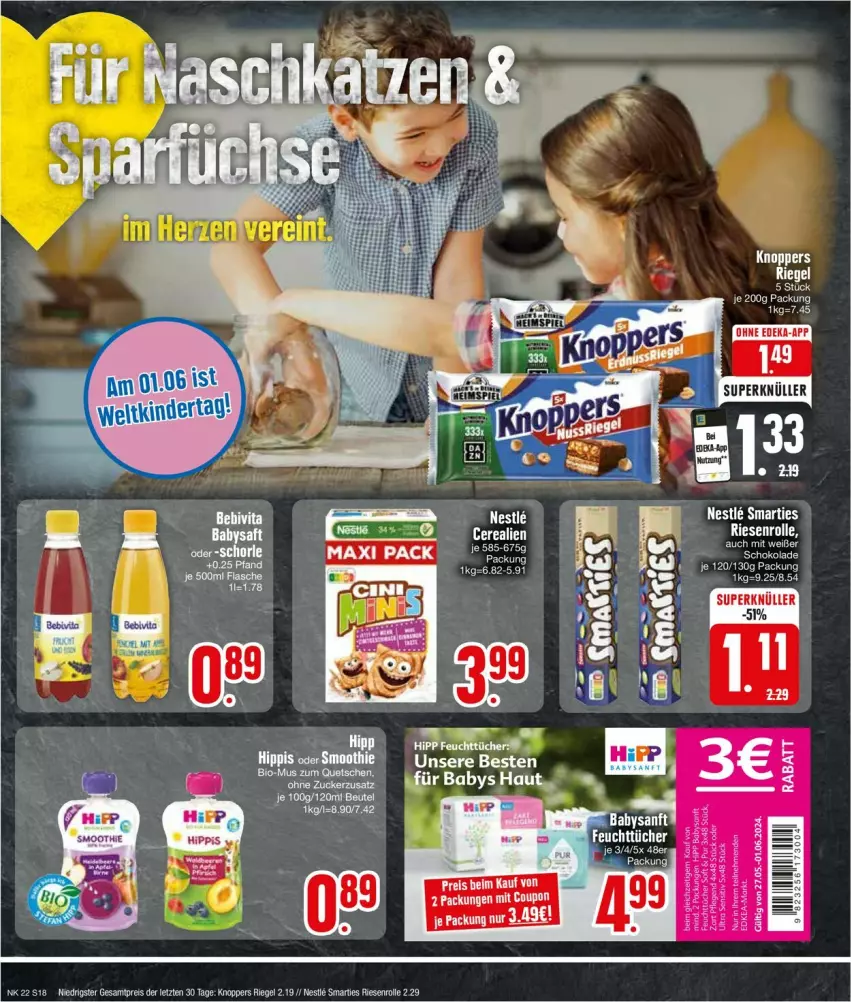 Aktueller Prospekt Edeka - Prospekte - von 27.05 bis 01.06.2024 - strona 18 - produkty: bio, deka, eis, feuchttücher, hipp, knoppers, reis, riegel, schoko, schokolade, smarties, Ti, tücher, ZTE