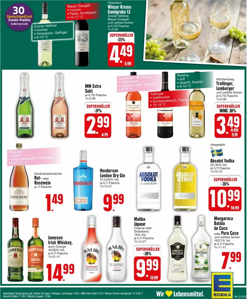 Aktueller Prospekt Edeka - Prospekte - von 27.05 bis 01.06.2024 - strona 23 - produkty: Absolut Vodka, batida, Berger, deka, dry gin, enders, flasche, gin, irish whiskey, jameson, liqueur, london dry, london dry gin, mangaroca, mm extra, orange, sekt, tee, Ti, trolli, trollinger, vodka, wein, whiskey