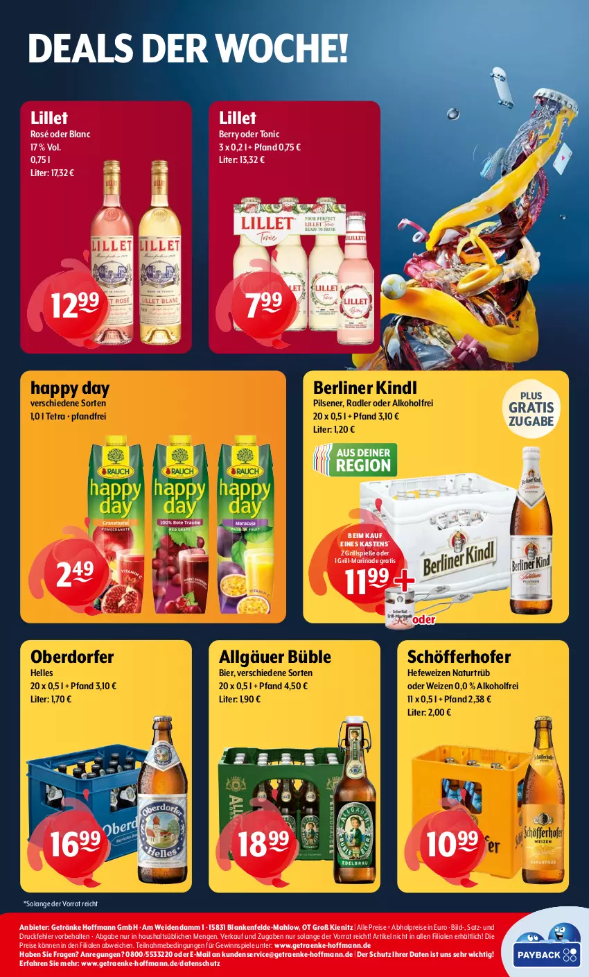 Aktueller Prospekt Getraenke Hoffmann - Prospekte - von 21.05 bis 25.05.2024 - strona 8 - produkty: abholpreise, alkohol, berliner, berliner kindl, bier, eis, elle, getränk, getränke, gewinnspiel, grill, Grillspieße, Happy Day, Hefe, hefeweizen, LG, lillet, marinade, natur, pils, pilsener, radler, reis, schöfferhofer, Spiele, Ti, tonic