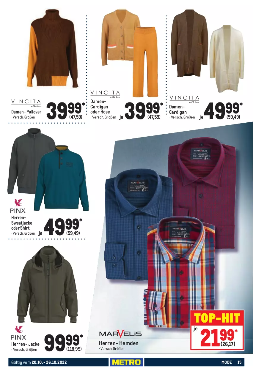 Aktueller Prospekt Metro - NonFood - von 20.10 bis 26.10.2022 - strona 15 - produkty: Cardigan, hemd, hemden, hose, Jacke, Mode, Pullover, shirt, sweatjacke, Ti, top-hit