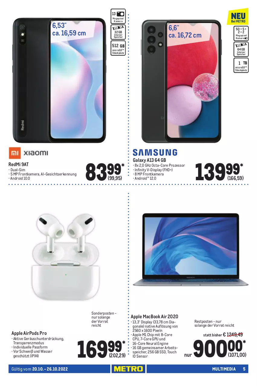 Aktueller Prospekt Metro - NonFood - von 20.10 bis 26.10.2022 - strona 5 - produkty: Apple, Apple AirPods, Apple AirPods Pro, dual-sim, elle, frontkamera, gin, kamera, mac, macbook, macbook air, microsd, octa-core prozessor, Pods, sim, sonderposten, ssd, Ti, wasser