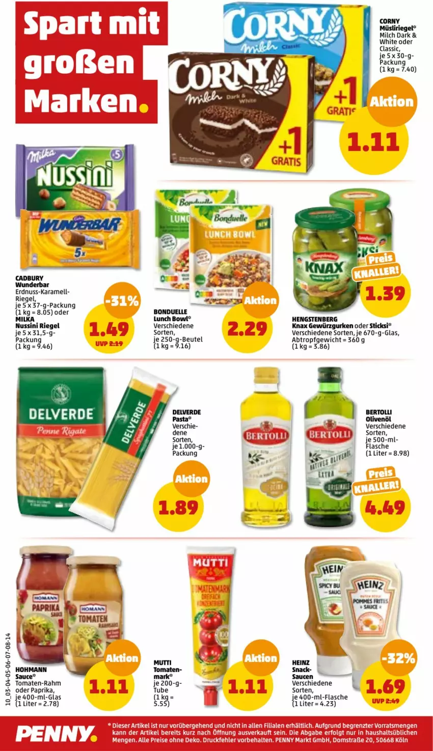 Aktueller Prospekt Penny - Prospekte - von 03.10 bis 08.10.2022 - strona 10 - produkty: bertolli, beutel, bonduelle, corny, elle, erde, erdnuss, flasche, gewürz, Gewürzgurke, gewürzgurken, gurke, gurken, hengstenberg, karamell, LG, milch, milka, müsli, Müsliriegel, nuss, olive, oliven, olivenöl, paprika, pasta, riegel, sauce, saucen, teller, Ti, tomate, tomaten