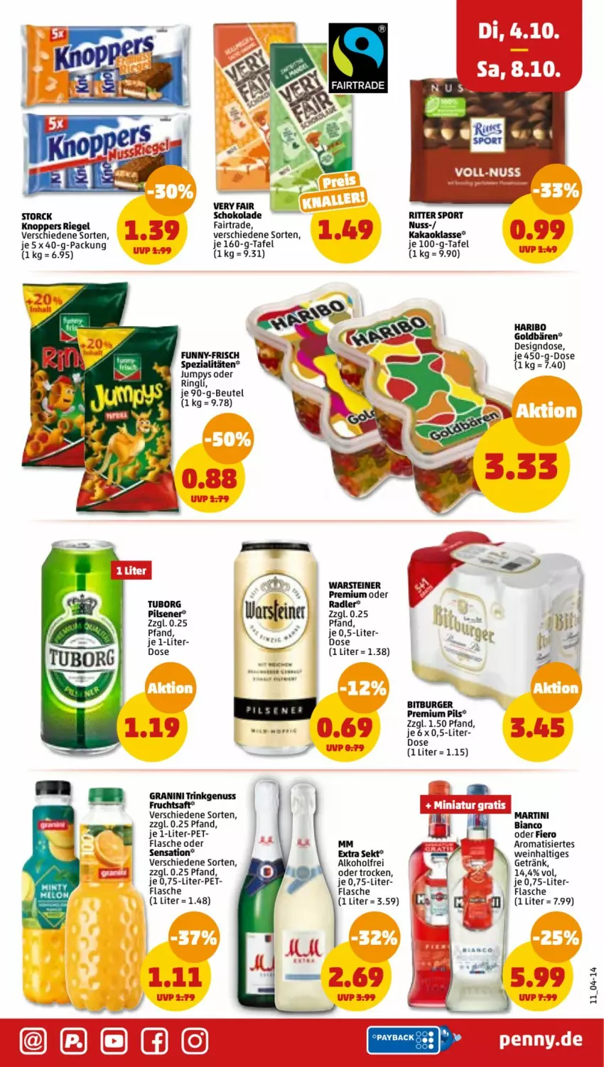 Aktueller Prospekt Penny - Prospekte - von 03.10 bis 08.10.2022 - strona 11 - produkty: alkohol, beutel, bitburger, burger, flasche, frucht, fruchtsaft, funny-frisch, getränk, goldbären, granini, haribo, kakao, knoppers, martini, nuss, payback, pils, pilsener, premium pils, riegel, ring, ritter, ritter sport, saft, schoko, schokolade, sekt, Spezi, Sport, steiner, storck, Ti, warsteiner, wein