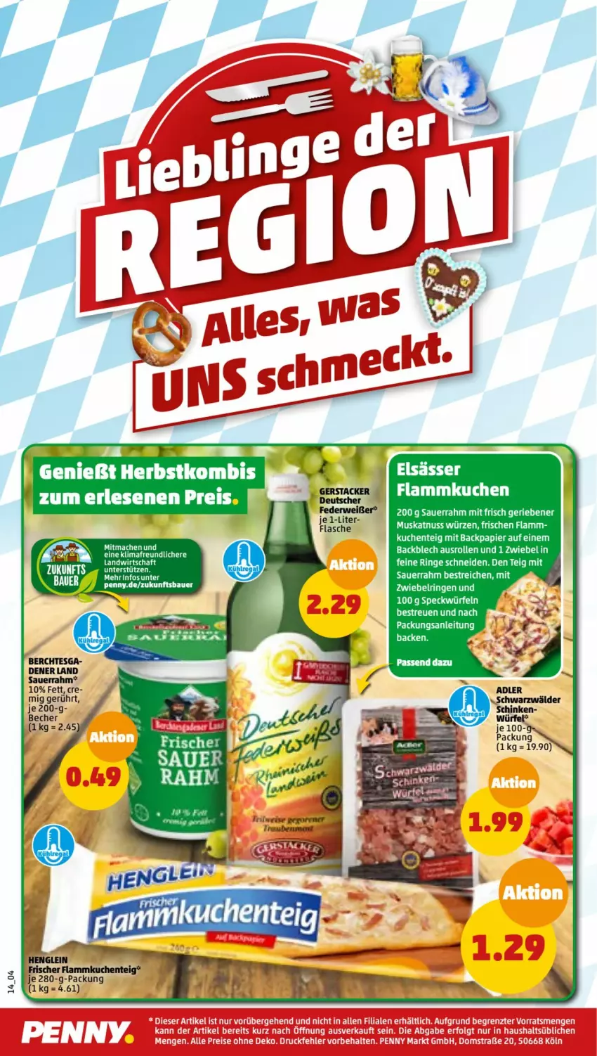 Aktueller Prospekt Penny - Prospekte - von 03.10 bis 08.10.2022 - strona 14 - produkty: auer, elle, ente, flammkuchen, Flammkuchenteig, henglein, Heu, kuchen, lamm, mac, nuss, papier, ring, rwe, Sauerrahm, Speck, Ti, würfel, zwiebel