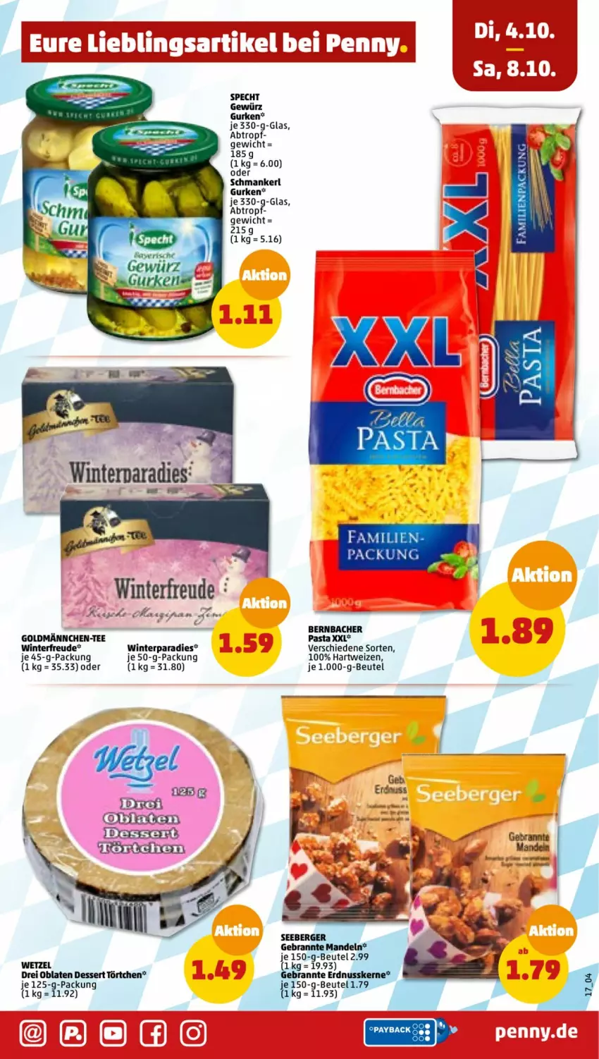 Aktueller Prospekt Penny - Prospekte - von 03.10 bis 08.10.2022 - strona 17 - produkty: Berger, bernbacher, beutel, dessert, erdnuss, gewürz, gurke, gurken, hartweizen, mandel, mandeln, nuss, Oblaten, pasta, seeberger, specht, tee, Törtchen