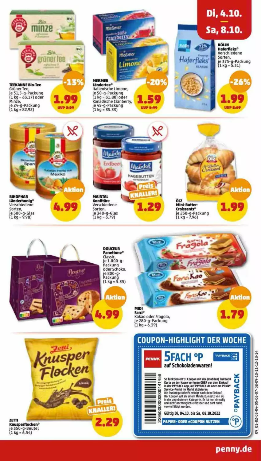 Aktueller Prospekt Penny - Prospekte - von 03.10 bis 08.10.2022 - strona 9 - produkty: angebot, angebote, beutel, bihophar, bio, butter, coupon, cranberry, Croissant, croissants, eier, erde, hafer, haferfleks, honig, je 250-g-packung, kakao, Knusperflocken, kölln, konfitüre, Ländertee, LG, limo, minze, payback, schoko, schokolade, schokoladen, tee, teekanne, Ti