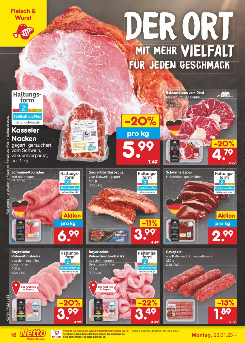 Aktueller Prospekt Netto Marken-Discount - Filial-Angebote - von 23.01 bis 28.01.2023 - strona 16 - produkty: barbecue, bestpreis, cevapcici, eis, filet, fleisch, geschnetzeltes, kasseler, mac, ndk, pute, reis, rind, rouladen, schnitten, schwein, schweine, schweinefleisch, spare ribs, steak, steaks, suppe, Ti, wein, weine, wurst, wurst in selbstbedienung, Zelt