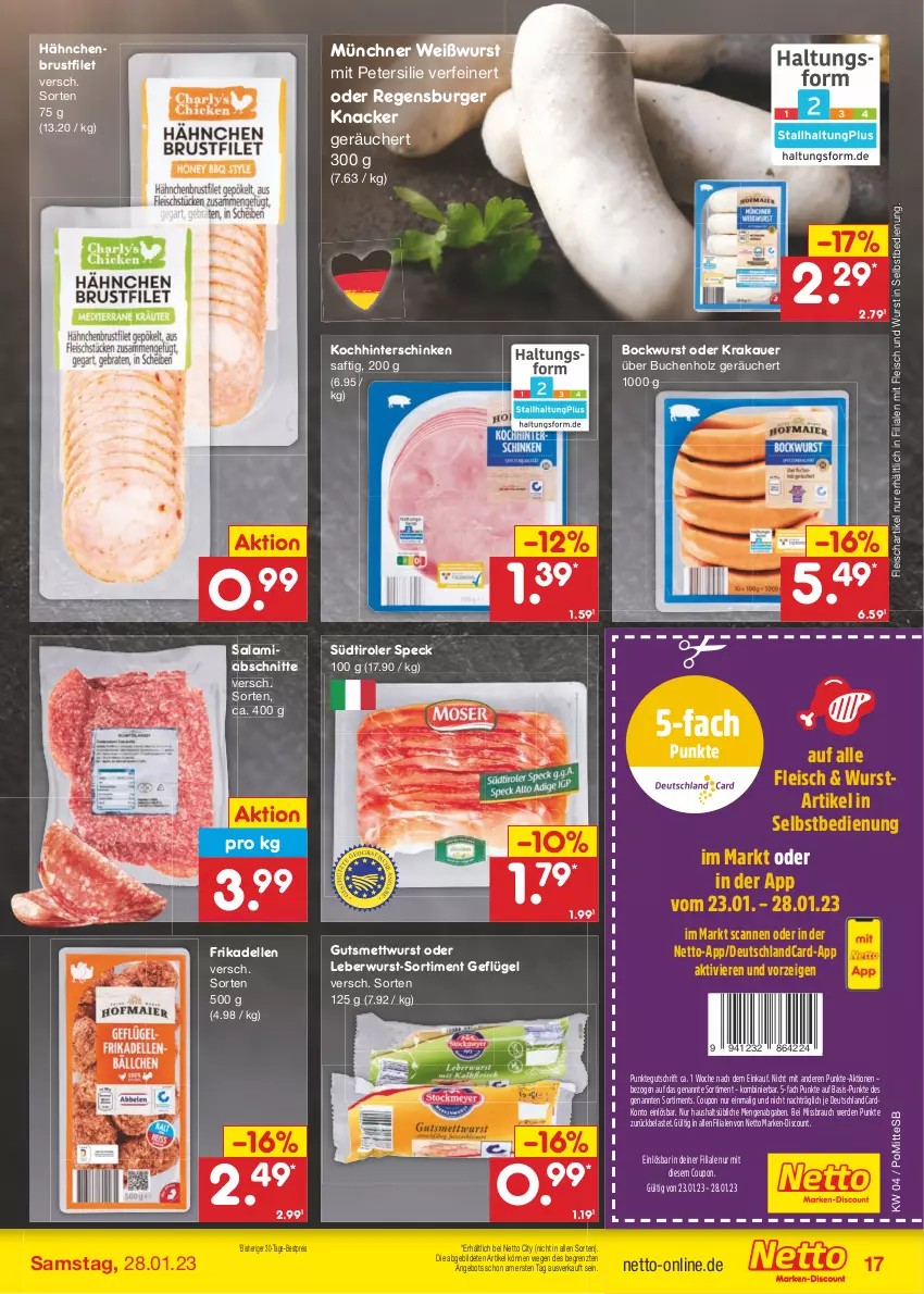 Aktueller Prospekt Netto Marken-Discount - Filial-Angebote - von 23.01 bis 28.01.2023 - strona 17 - produkty: angebot, auer, bestpreis, bockwurst, brustfilet, buch, burger, coupon, dell, deutschlandcard, discount, eis, elle, erde, filet, fleisch, frikadellen, Geflügel, hähnchenbrust, hähnchenbrustfilet, hinterschinken, Holz, knacker, krakauer, leberwurst, marken-discount, Mett, mettwurst, petersilie, Rauch, regensburger, reis, saft, salami, schinken, Speck, südtiroler, Ti, Weißwurst, wurst, wurst in selbstbedienung, ZTE