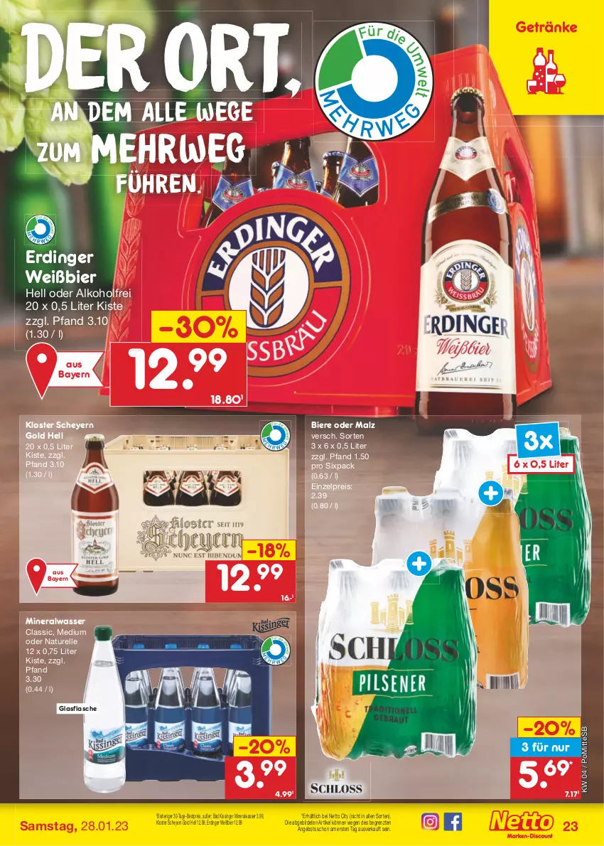 Aktueller Prospekt Netto Marken-Discount - Filial-Angebote - von 23.01 bis 28.01.2023 - strona 23 - produkty: alkohol, Alwa, angebot, Bad, bestpreis, bier, Biere, eis, elle, erdinger, flasche, getränk, getränke, glasflasche, malz, mineralwasser, Mineralwasser Classic, natur, reis, rel, rwe, Ti, wasser, ZTE