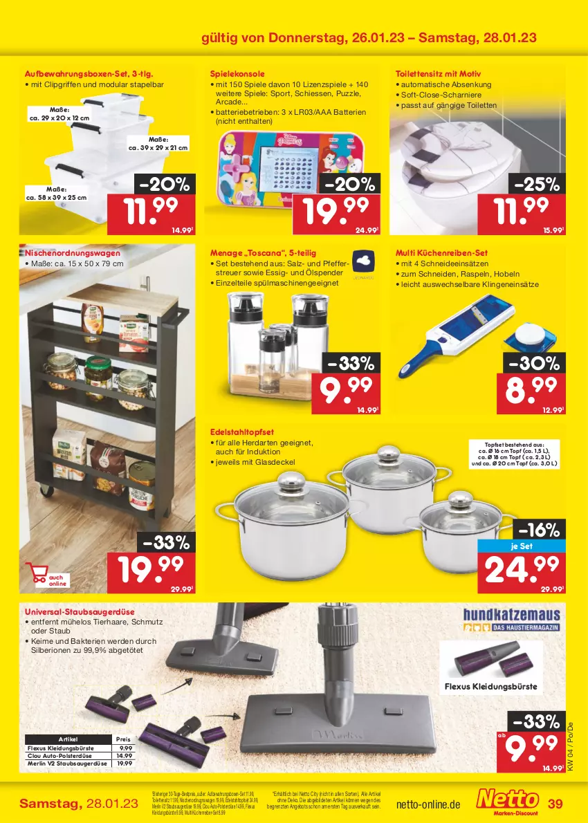 Aktueller Prospekt Netto Marken-Discount - Filial-Angebote - von 23.01 bis 28.01.2023 - strona 39 - produkty: angebot, aufbewahrungsbox, auto, batterie, batterien, bestpreis, bürste, decke, Deckel, edelstahl, eis, erde, essig, Glasdeckel, gsw, herdarten, kleid, Kleidung, küche, Küchen, Küchenreibe, LG, merl, pfeffer, Pfefferstreuer, Puzzle, reis, salz, Spiele, Sport, spülmaschinen, staubsauger, Ti, tisch, topf, Topfset, Zelt, ZTE