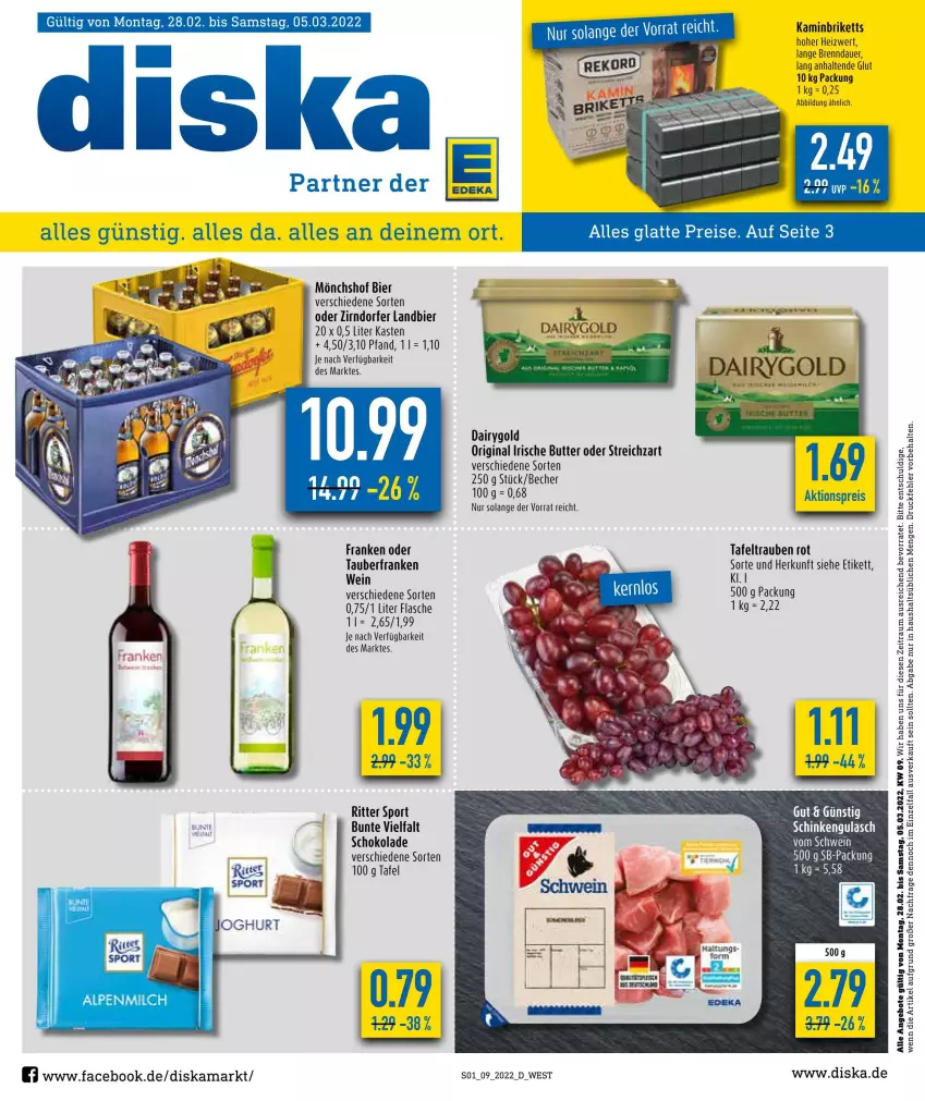 Aktueller Prospekt Diska - Prospekte - von 28.02 bis 05.03.2022 - strona 1 - produkty: aktionspreis, angebot, angebote, auer, Becher, bier, butter, Dairygold, eis, flasche, gin, gulasch, irische butter, Kamin, Kette, mönchshof, reis, ritter, ritter sport, schinken, schoko, schokolade, Sport, Streichzart, tafeltrauben, Ti, trauben, wein