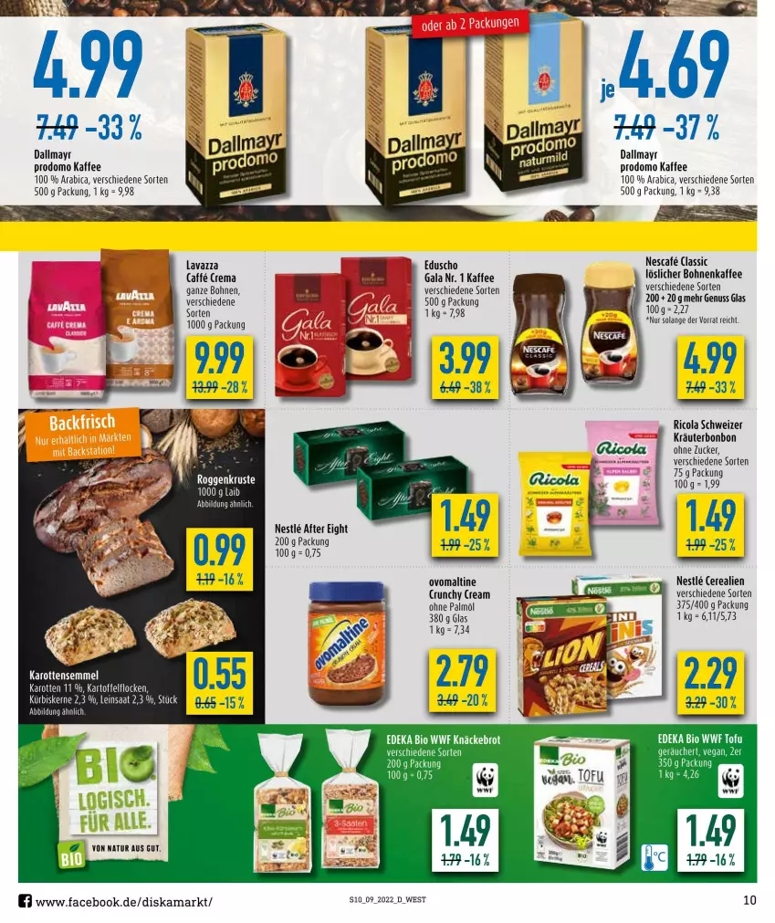 Aktueller Prospekt Diska - Prospekte - von 28.02 bis 05.03.2022 - strona 10 - produkty: after eight, bio, bohne, bohnen, bohnenkaffee, brot, caffe, cerealien, cola, dallmayr, dallmayr prodomo, deka, edeka bio, kaffee, karotten, kartoffel, knäckebrot, kräuter, Kürbis, kürbiskerne, löslicher bohnenkaffee, natur, nescafe, nuss, ohne palmöl, ovomaltine, prodomo, Ricola, Semmel, Ti, zucker