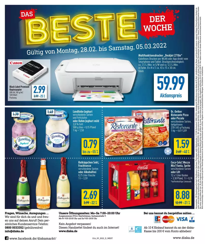 Aktueller Prospekt Diska - Prospekte - von 28.02 bis 05.03.2022 - strona 16 - produkty: aktionspreis, alkohol, angebot, angebote, Astra, ball, black label, coca-cola, cola, deka, drucker, ecco, eis, ente, fanta, flasche, frucht, fruchtsecco, joghur, joghurt, joghurt mild, kopierpapier, lack, limo, limonade, multifunktionsdrucker, papier, pizza, reis, ring, ristorante, ristorante pizza, sac, smartphone, sprite, telefon, Ti, uhr