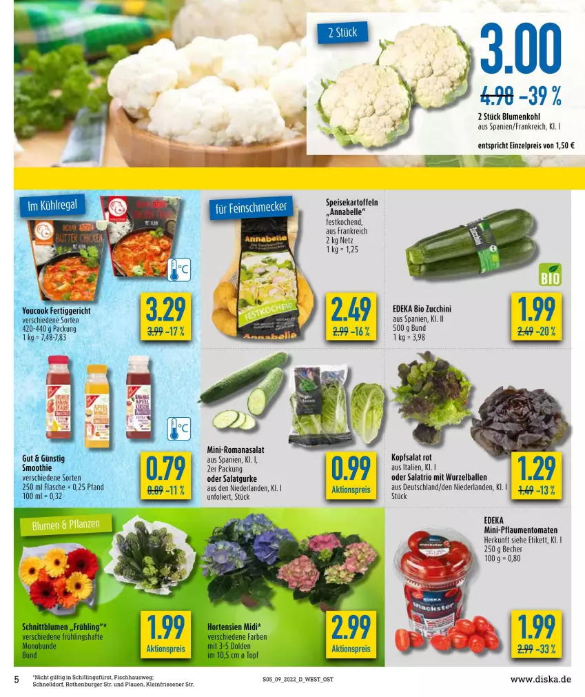 Aktueller Prospekt Diska - Prospekte - von 28.02 bis 05.03.2022 - strona 5 - produkty: aktionspreis, ball, Becher, bio, blume, blumen, blumenkohl, burger, deka, edeka bio, eis, elle, fertiggericht, fisch, flasche, gin, gurke, hortensie, hortensien, kartoffel, kartoffeln, kopfsalat, pflaume, pflaumen, reis, Romanasalat, salat, Salatgurke, smoothie, speisekartoffeln, Ti, tomate, tomaten, topf, Yo, YouCook, zucchini